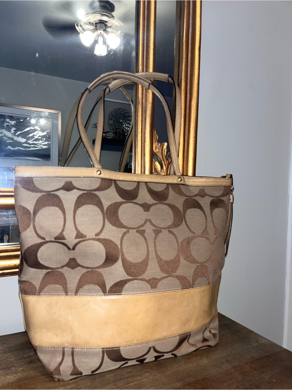 Coach Brown Signature Canvas Tote with Tan Leather Trim